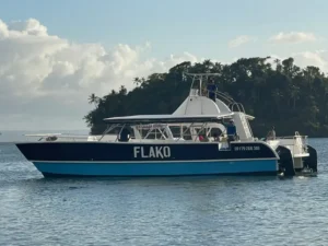 Boat crossing Samana Bay with views of the mountains and green coastline